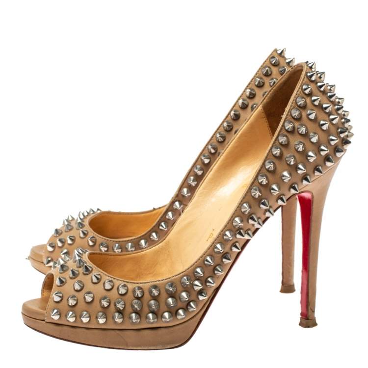 Pre Owned Christian Louboutin Beige Leather Yolanda Spikes Peep Toe Pumps Size 36.5