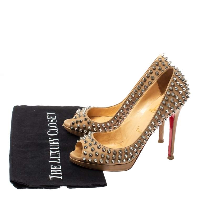 Pre Owned Christian Louboutin Beige Leather Yolanda Spikes Peep Toe Pumps Size 36.5