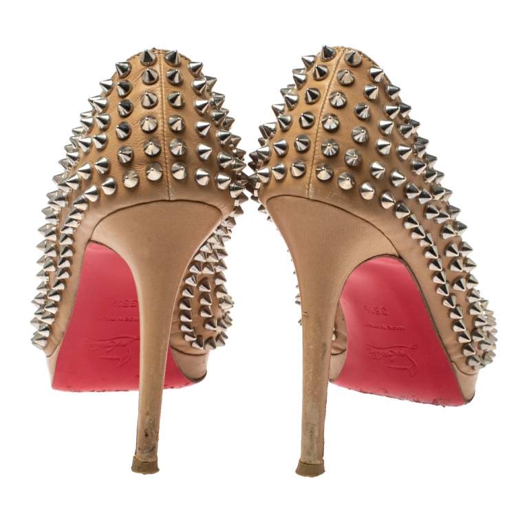 Pre Owned Christian Louboutin Beige Leather Yolanda Spikes Peep Toe Pumps Size 36.5