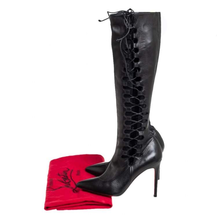 Pre Owned Christian Louboutin Black Leather Goulue High Boots Size 37