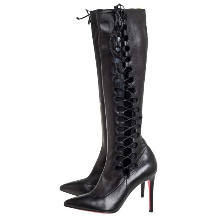 Pre Owned Christian Louboutin Black Leather Goulue High Boots Size 37