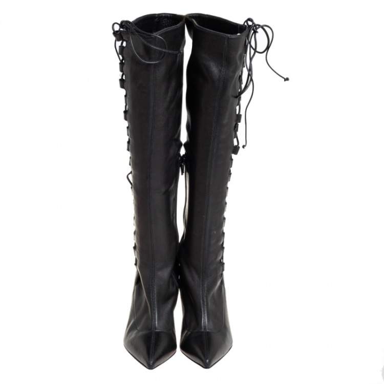 Pre Owned Christian Louboutin Black Leather Goulue High Boots Size 37