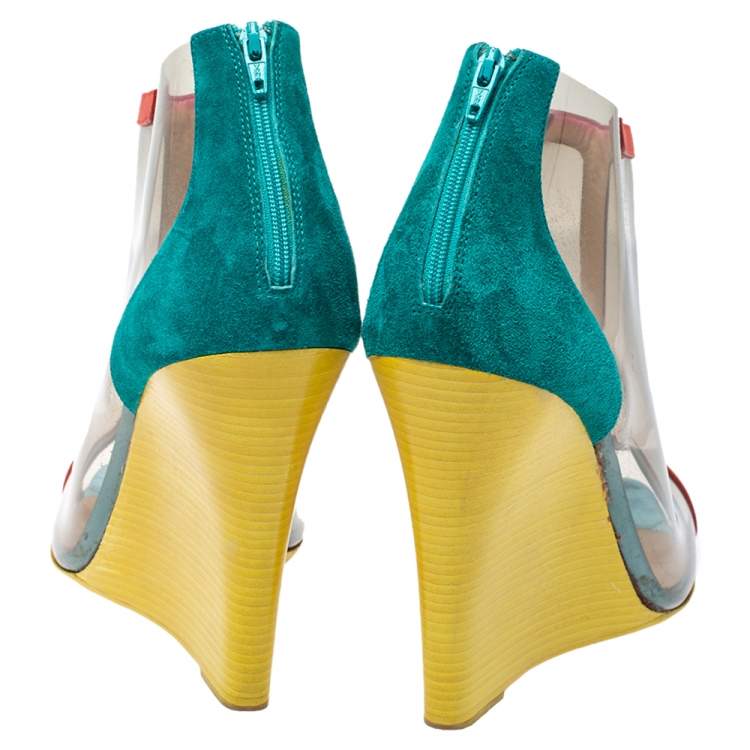 Pre Owned Christian Louboutin Multicolor PVC, Suede and Leather Trim Wedge Peep Toe Booties Size 39