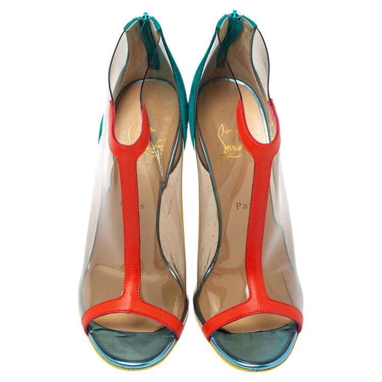 Pre Owned Christian Louboutin Multicolor PVC, Suede and Leather Trim Wedge Peep Toe Booties Size 39