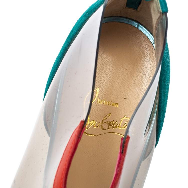 Pre Owned Christian Louboutin Multicolor PVC, Suede and Leather Trim Wedge Peep Toe Booties Size 39