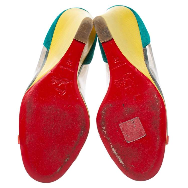 Pre Owned Christian Louboutin Multicolor PVC, Suede and Leather Trim Wedge Peep Toe Booties Size 39