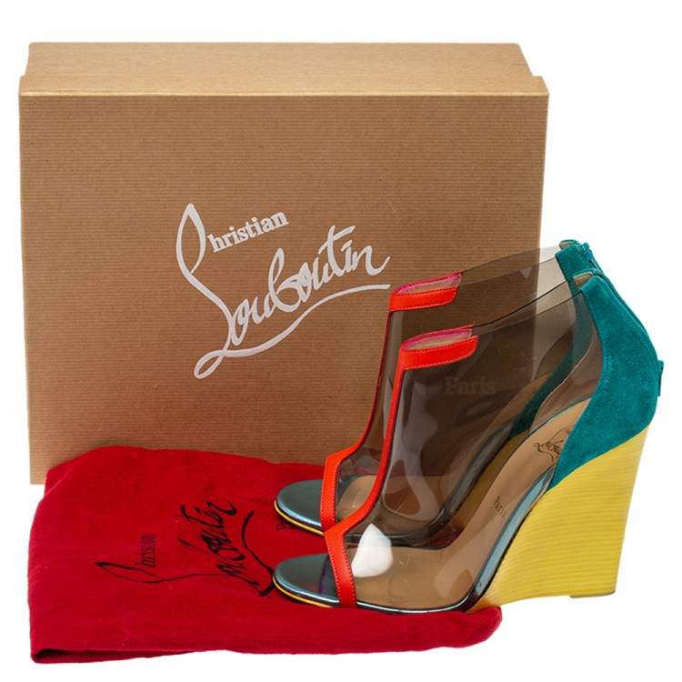 Pre Owned Christian Louboutin Multicolor PVC, Suede and Leather Trim Wedge Peep Toe Booties Size 39