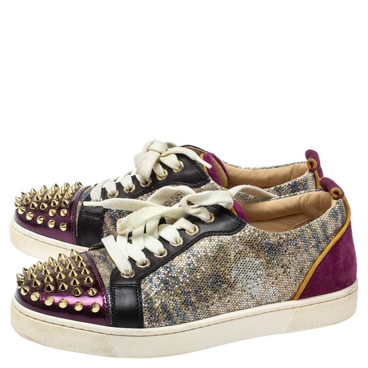 Pre Owned Christian Louboutin Multicolor Glitter and Leather Louis Junior Spikes Sneakers Size 37.5