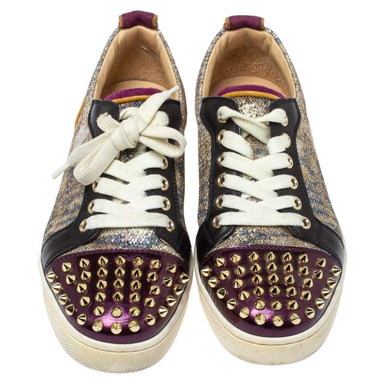 Pre Owned Christian Louboutin Multicolor Glitter and Leather Louis Junior Spikes Sneakers Size 37.5