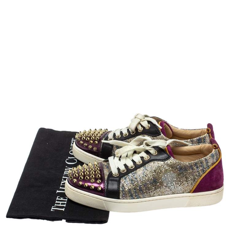 Pre Owned Christian Louboutin Multicolor Glitter and Leather Louis Junior Spikes Sneakers Size 37.5