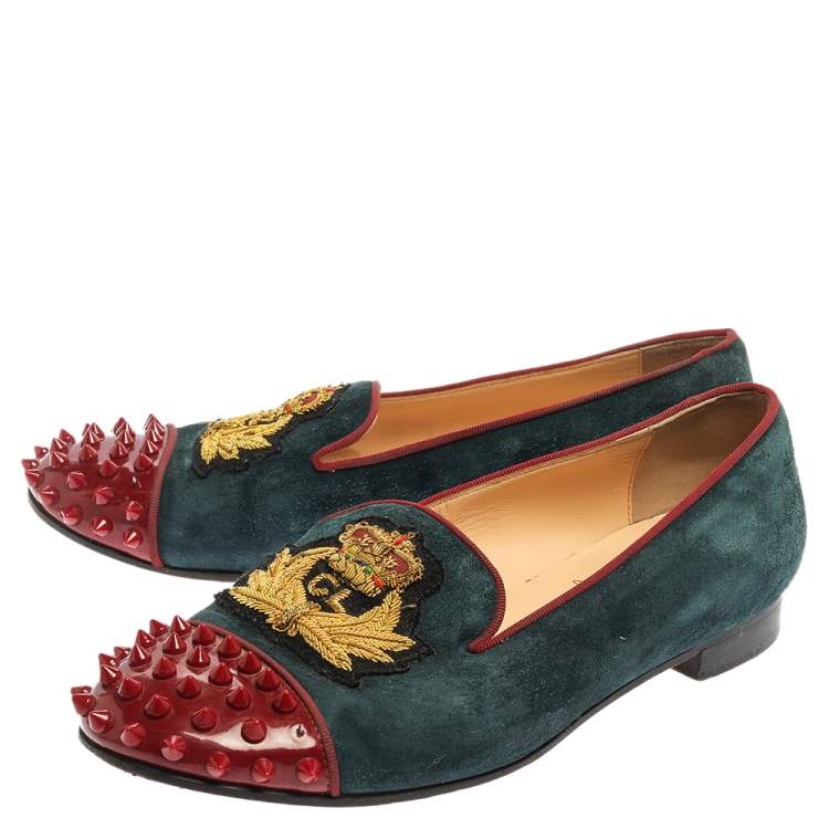 Pre Owned Christian Louboutin Blue/Red Suede And Patent Spiked Cap Toe Harvanana Smoking Slipper Size 37.5
