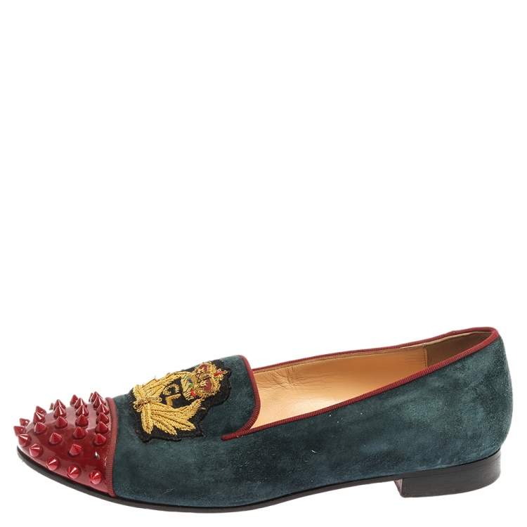 Pre Owned Christian Louboutin Blue/Red Suede And Patent Spiked Cap Toe Harvanana Smoking Slipper Size 37.5