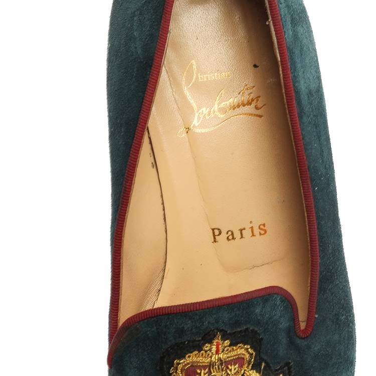Pre Owned Christian Louboutin Blue/Red Suede And Patent Spiked Cap Toe Harvanana Smoking Slipper Size 37.5