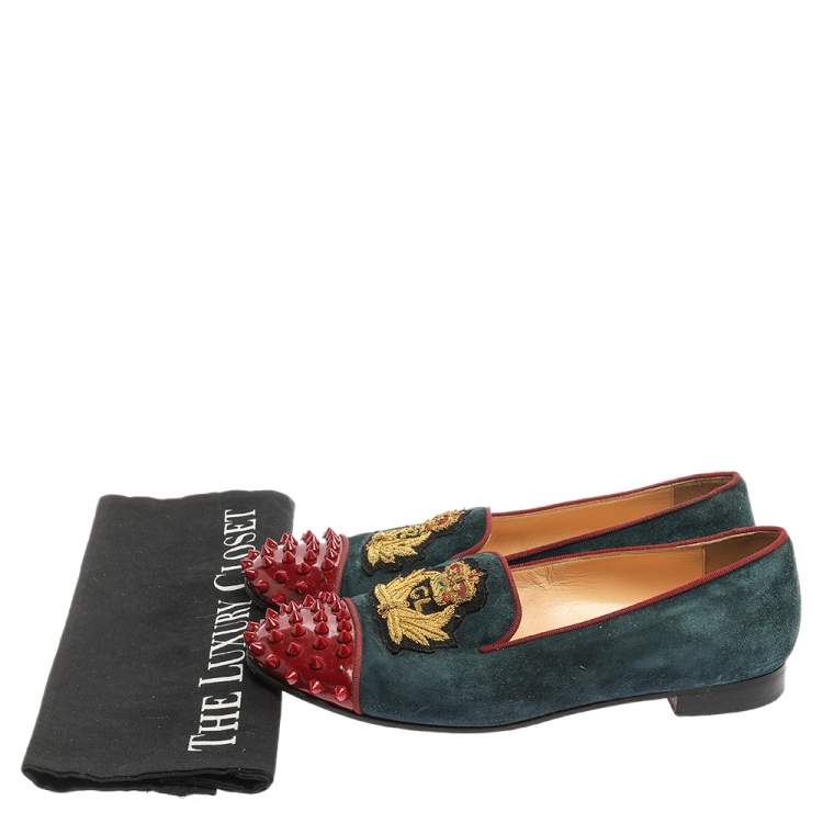 Pre Owned Christian Louboutin Blue/Red Suede And Patent Spiked Cap Toe Harvanana Smoking Slipper Size 37.5