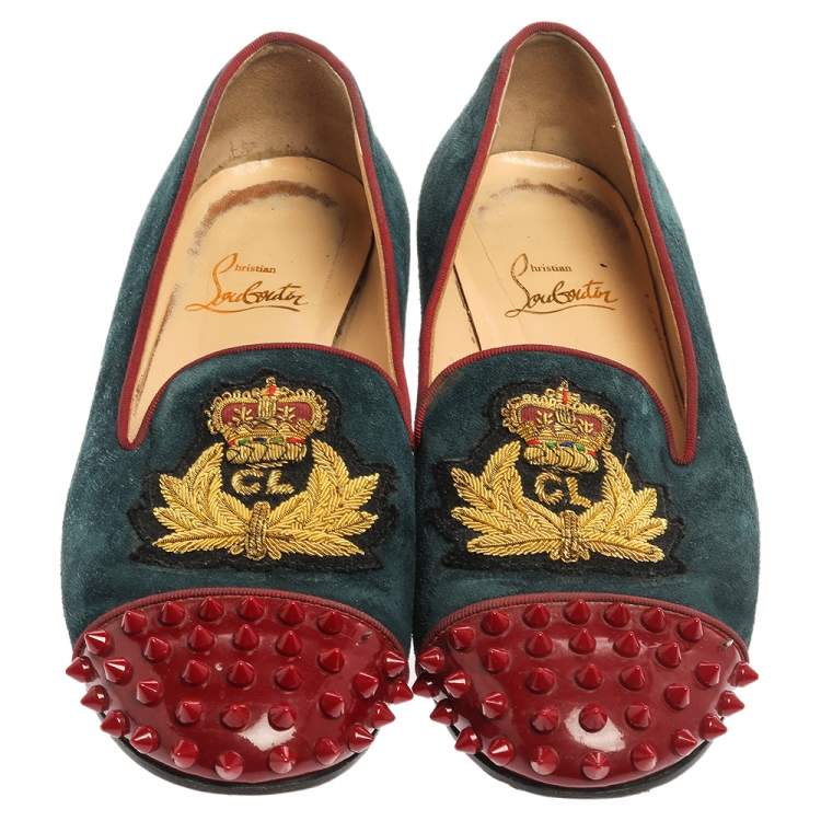 Pre Owned Christian Louboutin Blue/Red Suede And Patent Spiked Cap Toe Harvanana Smoking Slipper Size 37.5