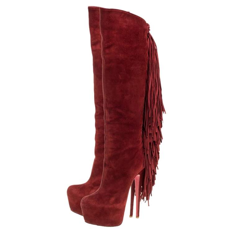 Pre Owned Christian Louboutin Red Suede Interlopa Fringe Detail Knee Length Platform Boots Size 36.5
