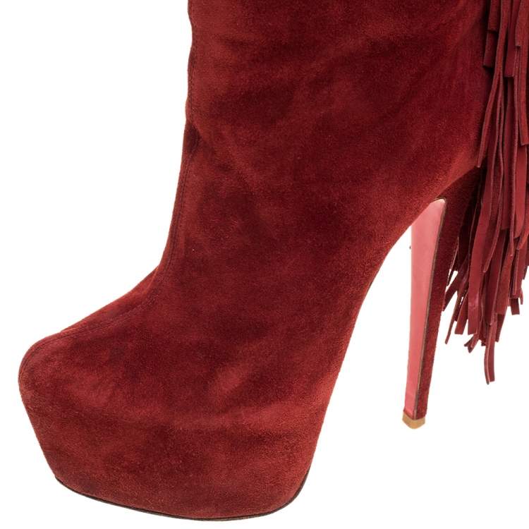 Pre Owned Christian Louboutin Red Suede Interlopa Fringe Detail Knee Length Platform Boots Size 36.5