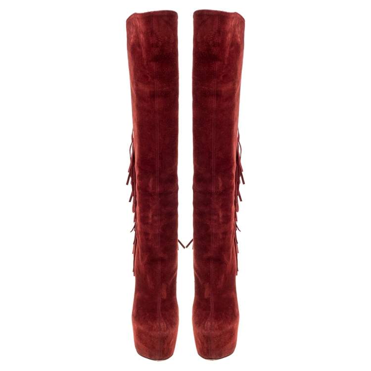 Pre Owned Christian Louboutin Red Suede Interlopa Fringe Detail Knee Length Platform Boots Size 36.5