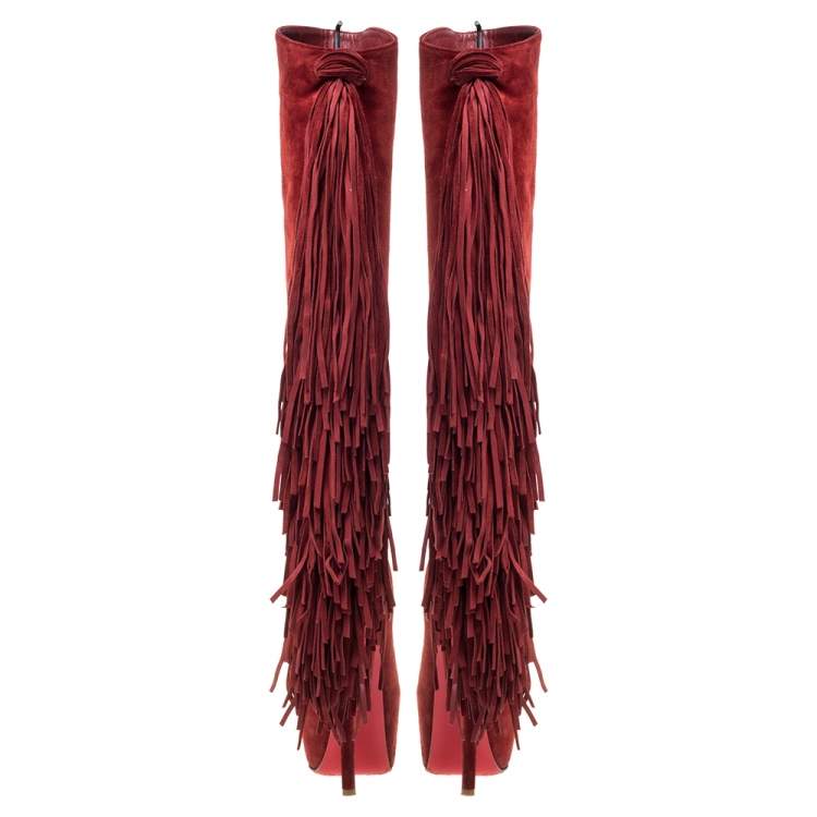 Pre Owned Christian Louboutin Red Suede Interlopa Fringe Detail Knee Length Platform Boots Size 36.5