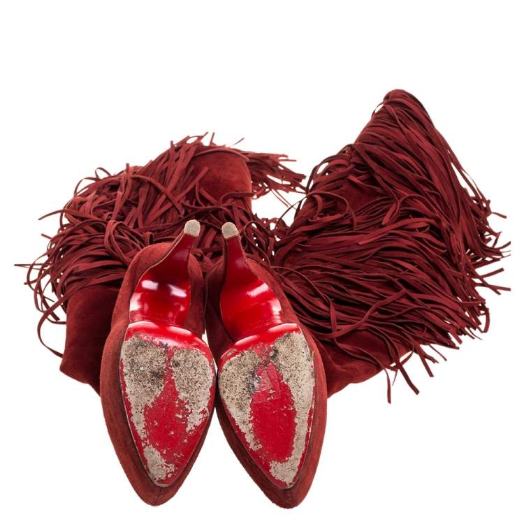 Pre Owned Christian Louboutin Red Suede Interlopa Fringe Detail Knee Length Platform Boots Size 36.5