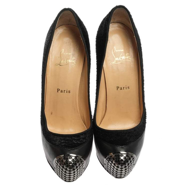 Pre Owned Christian Louboutin Black Leather And Pony Hair Maggie Platform Pumps Size 38