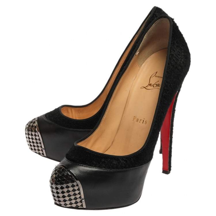 Pre Owned Christian Louboutin Black Leather And Pony Hair Maggie Platform Pumps Size 38