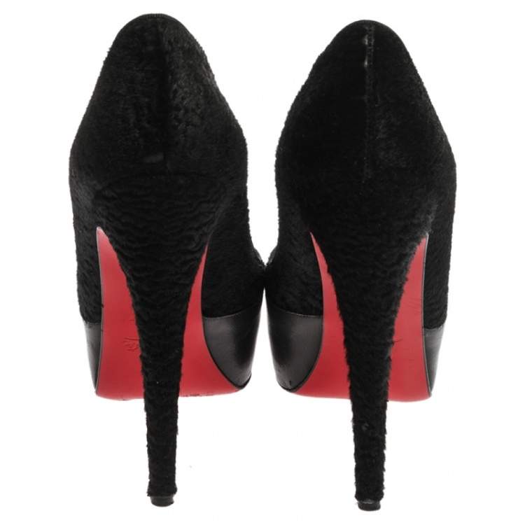 Pre Owned Christian Louboutin Black Leather And Pony Hair Maggie Platform Pumps Size 38
