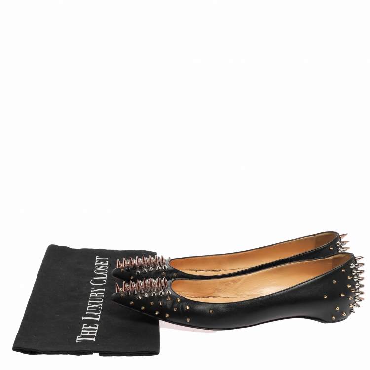 Pre Owned Christian Louboutin Black Leather Spike Goldoflat Ballet Flats Size 39.5