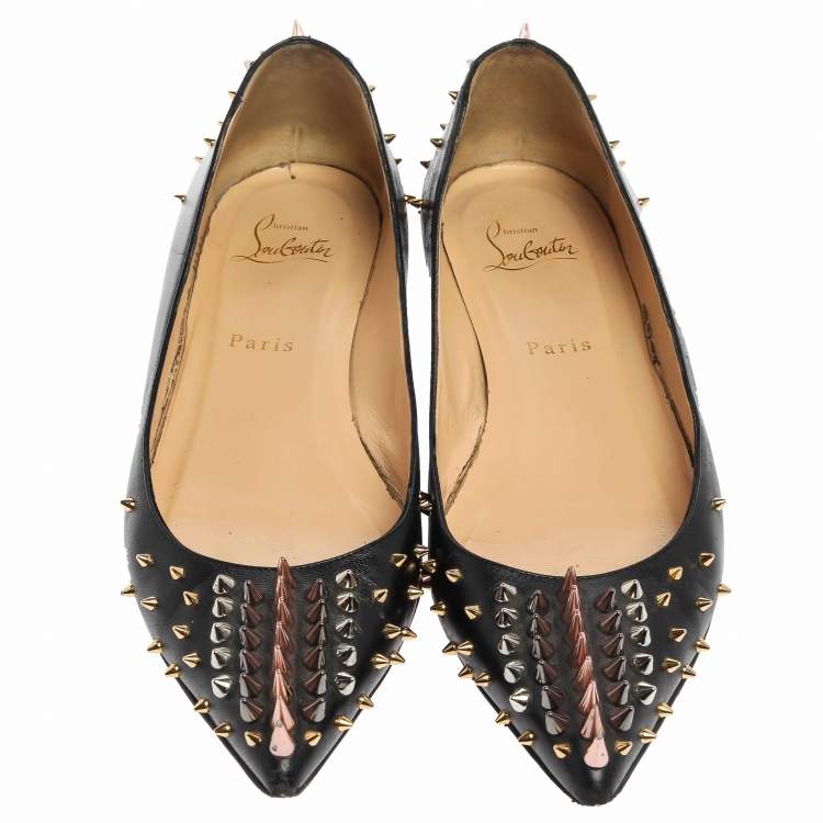 Pre Owned Christian Louboutin Black Leather Spike Goldoflat Ballet Flats Size 39.5
