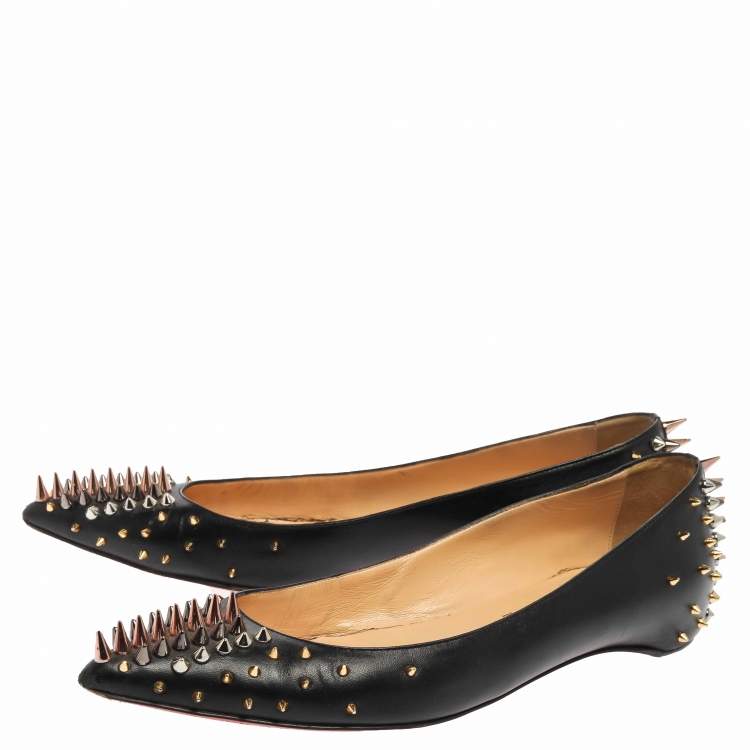 Pre Owned Christian Louboutin Black Leather Spike Goldoflat Ballet Flats Size 39.5