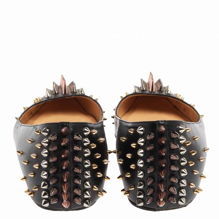 Pre Owned Christian Louboutin Black Leather Spike Goldoflat Ballet Flats Size 39.5