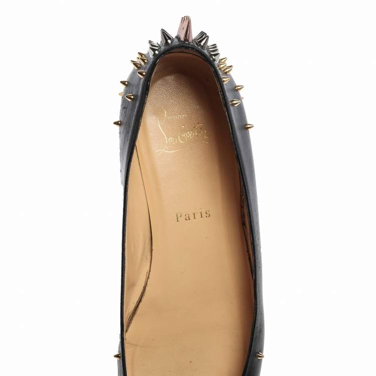 Pre Owned Christian Louboutin Black Leather Spike Goldoflat Ballet Flats Size 39.5