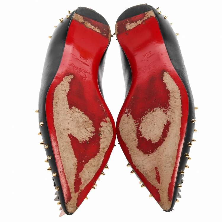 Pre Owned Christian Louboutin Black Leather Spike Goldoflat Ballet Flats Size 39.5