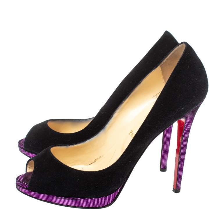 Pre Owned Christian Louboutin Black Suede Yolanda Peep Toe Pumps Size 39.5