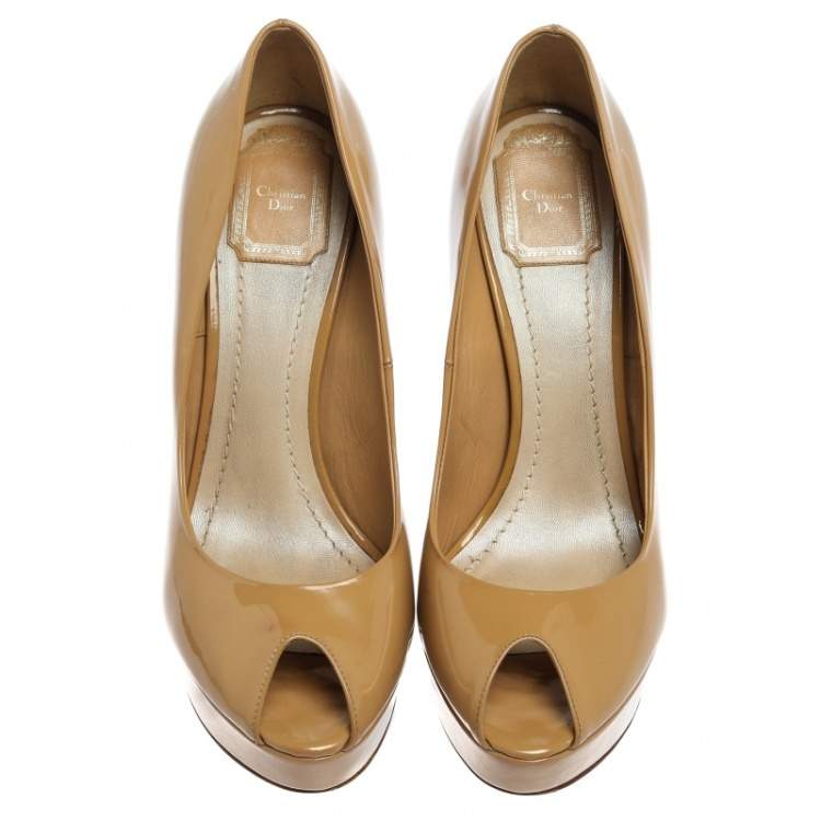 Pre Owned Dior Beige Patent Leather Peep Toe Platform Pumps Size 40