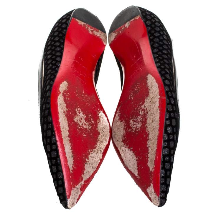 Pre Owned Christian Louboutin Black Velvet, Leather And Floque Glitter Paulina Ballet Flats Size 38