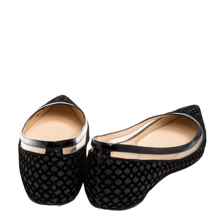 Pre Owned Christian Louboutin Black Velvet, Leather And Floque Glitter Paulina Ballet Flats Size 38