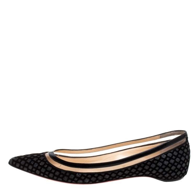 Pre Owned Christian Louboutin Black Velvet, Leather And Floque Glitter Paulina Ballet Flats Size 38