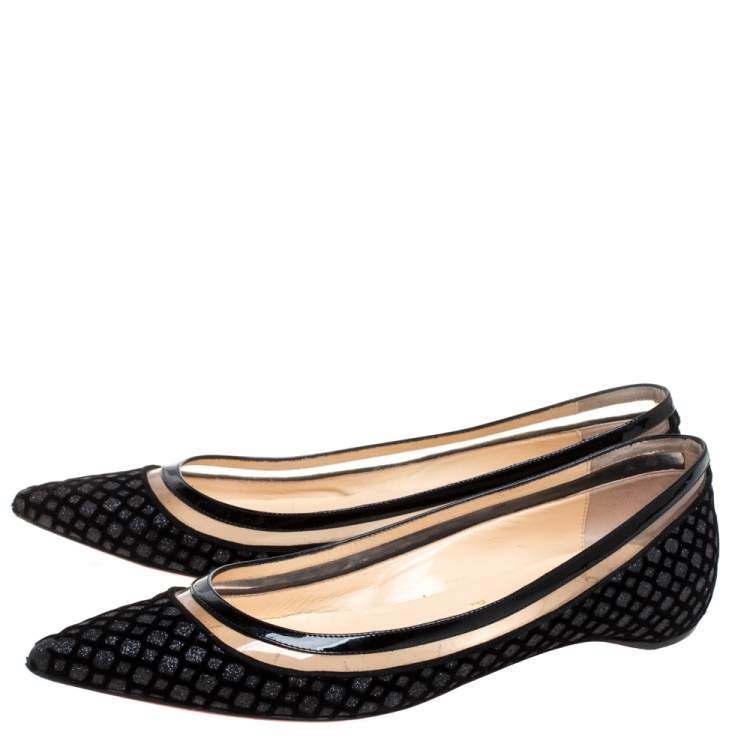 Pre Owned Christian Louboutin Black Velvet, Leather And Floque Glitter Paulina Ballet Flats Size 38