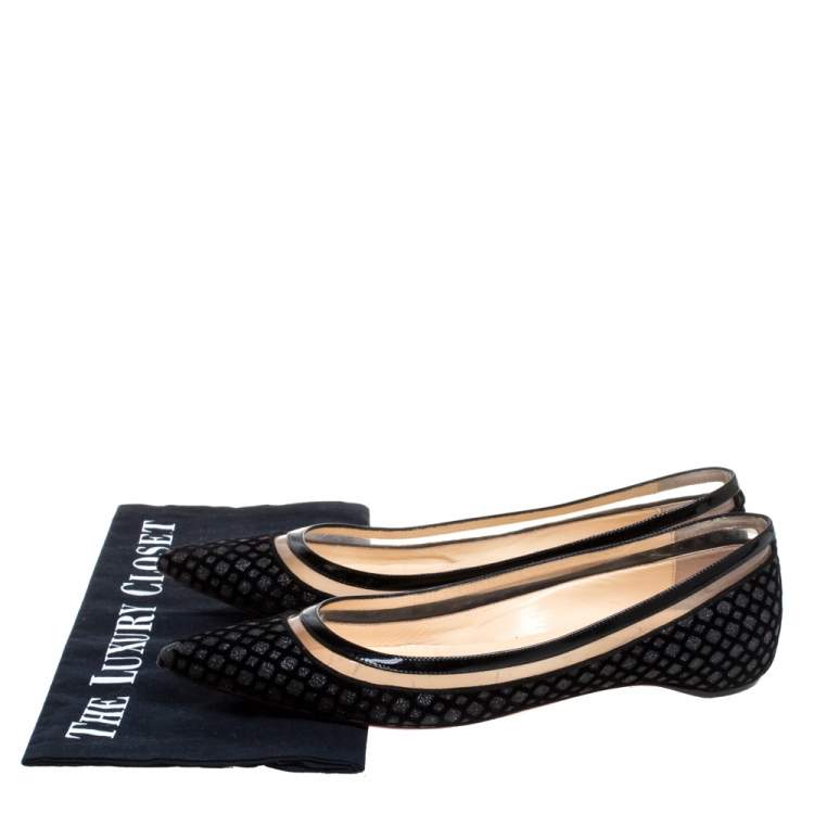 Pre Owned Christian Louboutin Black Velvet, Leather And Floque Glitter Paulina Ballet Flats Size 38