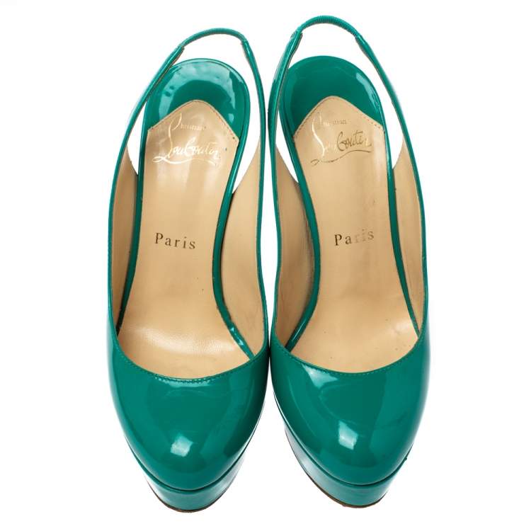 Pre Owned Christian Louboutin Green Patent Leather Slingback Platform Pumps Size 36