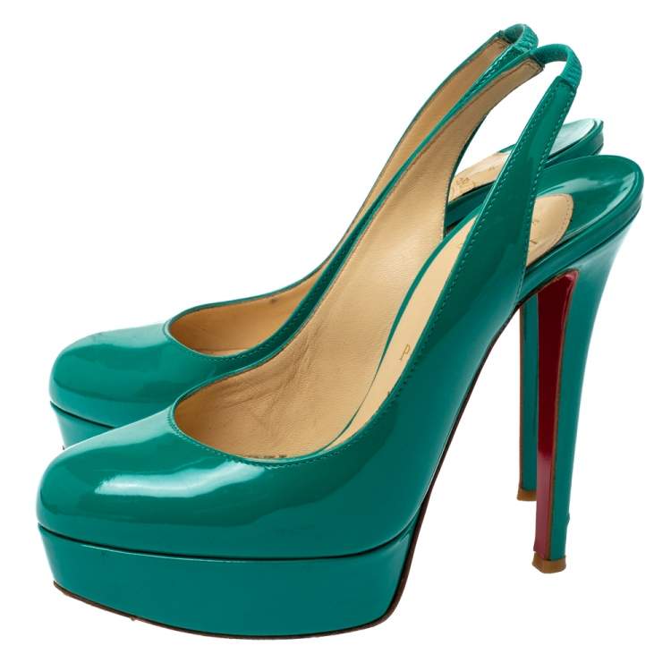 Pre Owned Christian Louboutin Green Patent Leather Slingback Platform Pumps Size 36