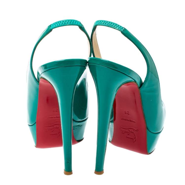 Pre Owned Christian Louboutin Green Patent Leather Slingback Platform Pumps Size 36