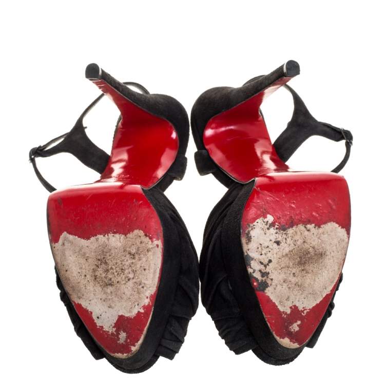 Pre Owned Christian Louboutin Black Suede Loescadiva Ankle Strap Platform Sandals Size 38.5