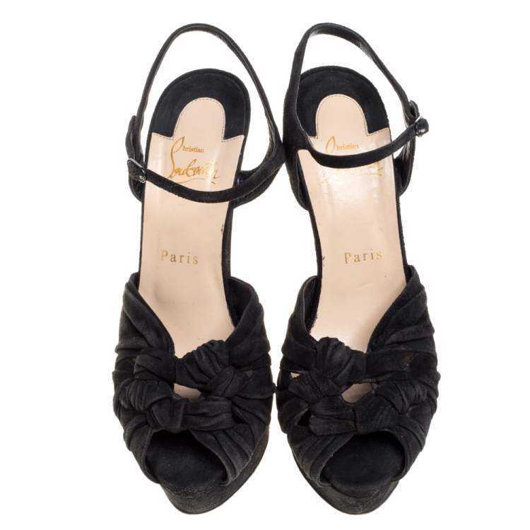 Pre Owned Christian Louboutin Black Suede Loescadiva Ankle Strap Platform Sandals Size 38.5