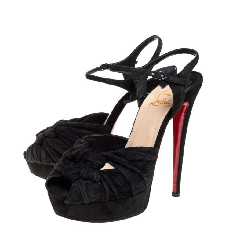 Pre Owned Christian Louboutin Black Suede Loescadiva Ankle Strap Platform Sandals Size 38.5