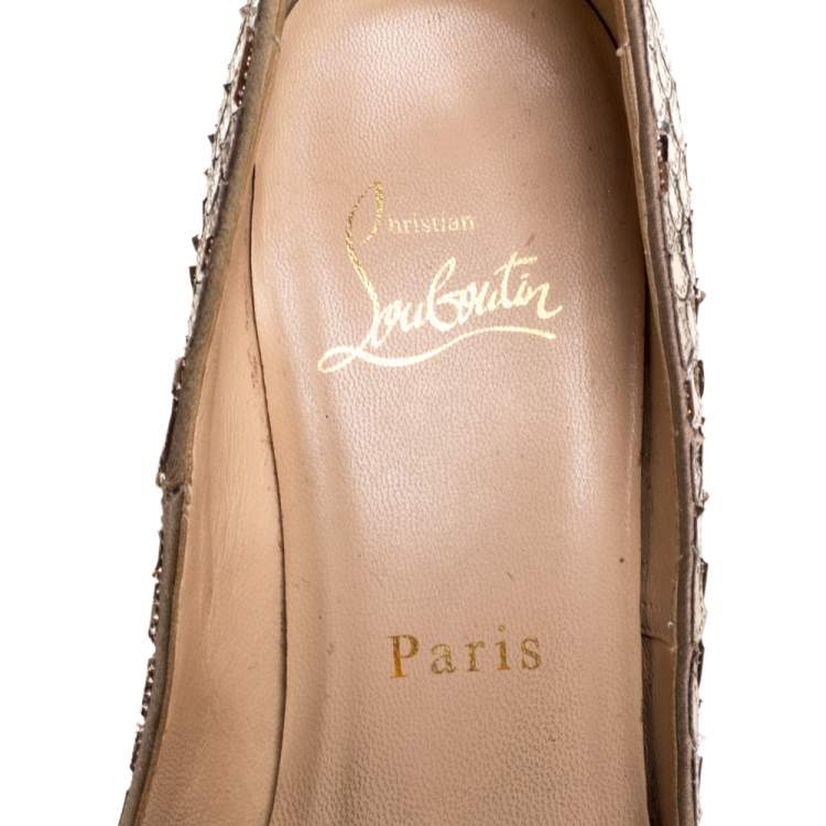 Pre Owned Christian Louboutin Metallic Beige Scaled PVC Poseidon Peep Toe Pumps Size 35.5