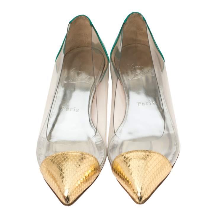 Pre Owned Christian Louboutin Tricolor Embossed Python Leather And PVC Corbeau Pointed Toe Flats Size 35.5