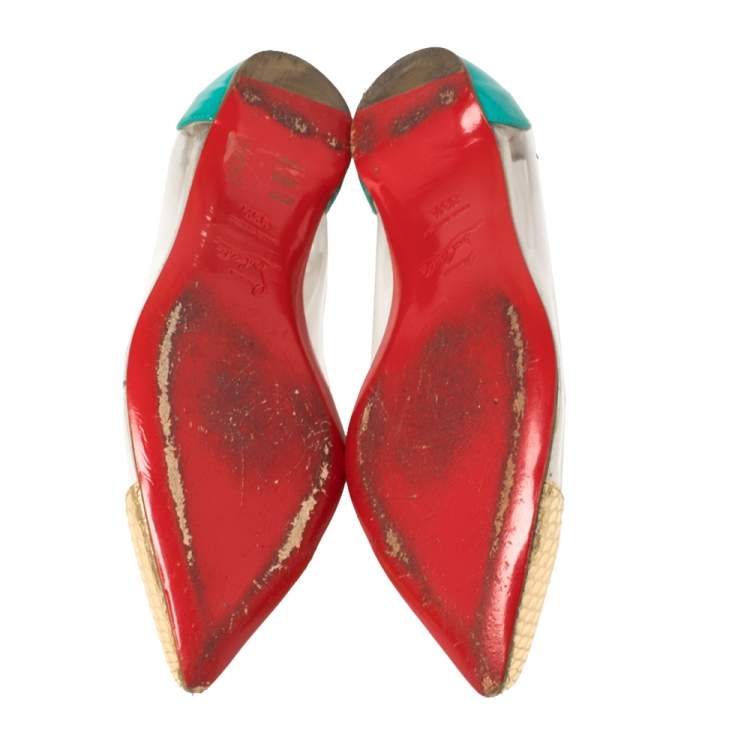 Pre Owned Christian Louboutin Tricolor Embossed Python Leather And PVC Corbeau Pointed Toe Flats Size 35.5