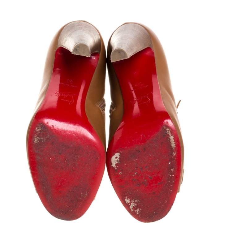 Pre Owned Christian Louboutin Brown Leather Gold Buckle Detail Open Toe Booties Size 36